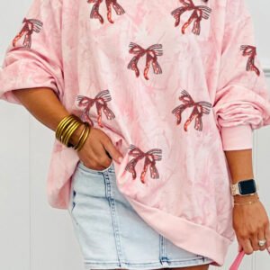 Pink Sequin Valentines Bow Patched Tie Dye Mock Neck Baggy Sweatshirt