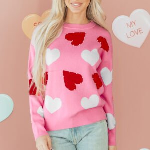 Pink Pearl Embellished Heart Pattern Valentines Day Sweater