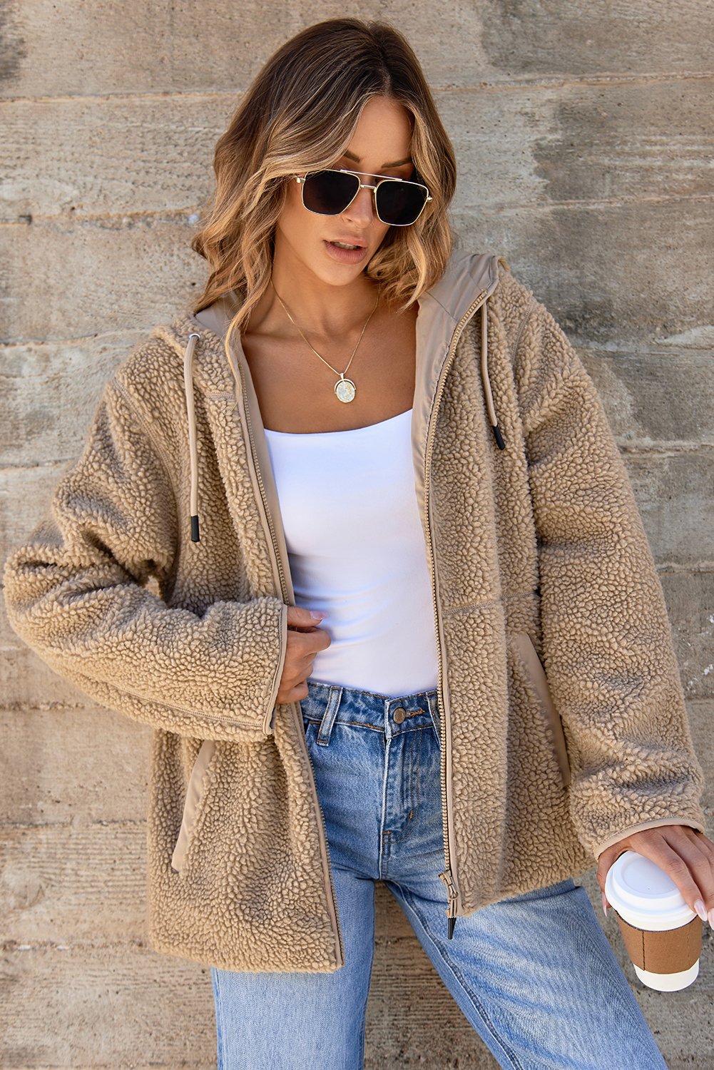 94306243-198aa95ed60c5bf7.jpg Pale Khaki Fleece Zip Up Drawstring Hooded Pocketed Jacket - Image 3