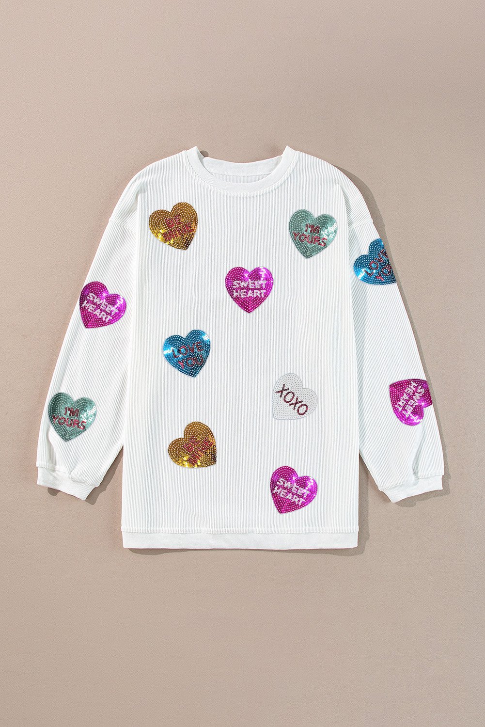 94391890-42b9a153af61bec3.jpg White Valentines Slogan Heart Sequin Corded Baggy Sweatshirt - Image 7