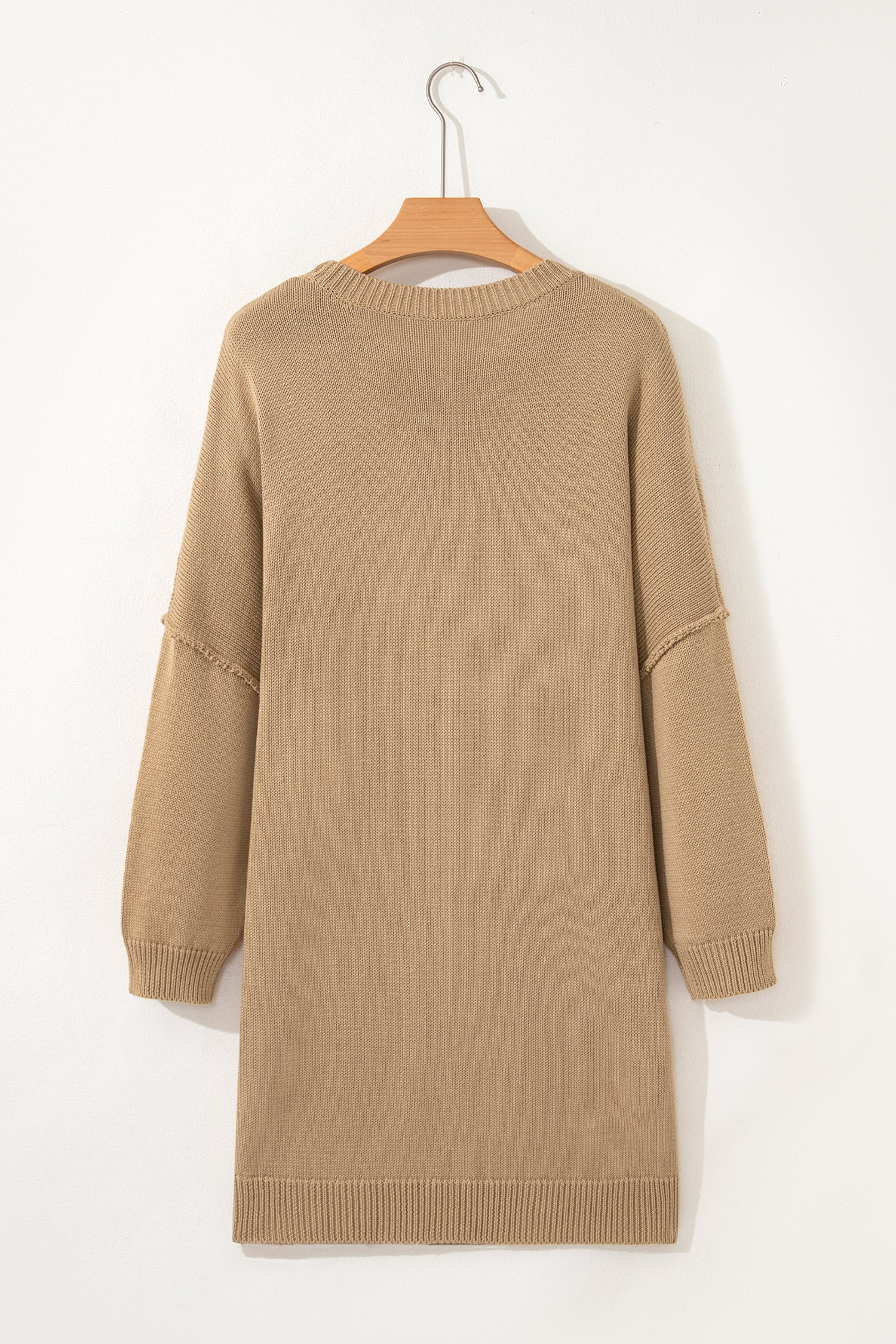 94404985-55c52868520fc002.jpg Pale Khaki Exposed Seam Drop Shoulder Oversize Sweater Mini Dress - Image 4