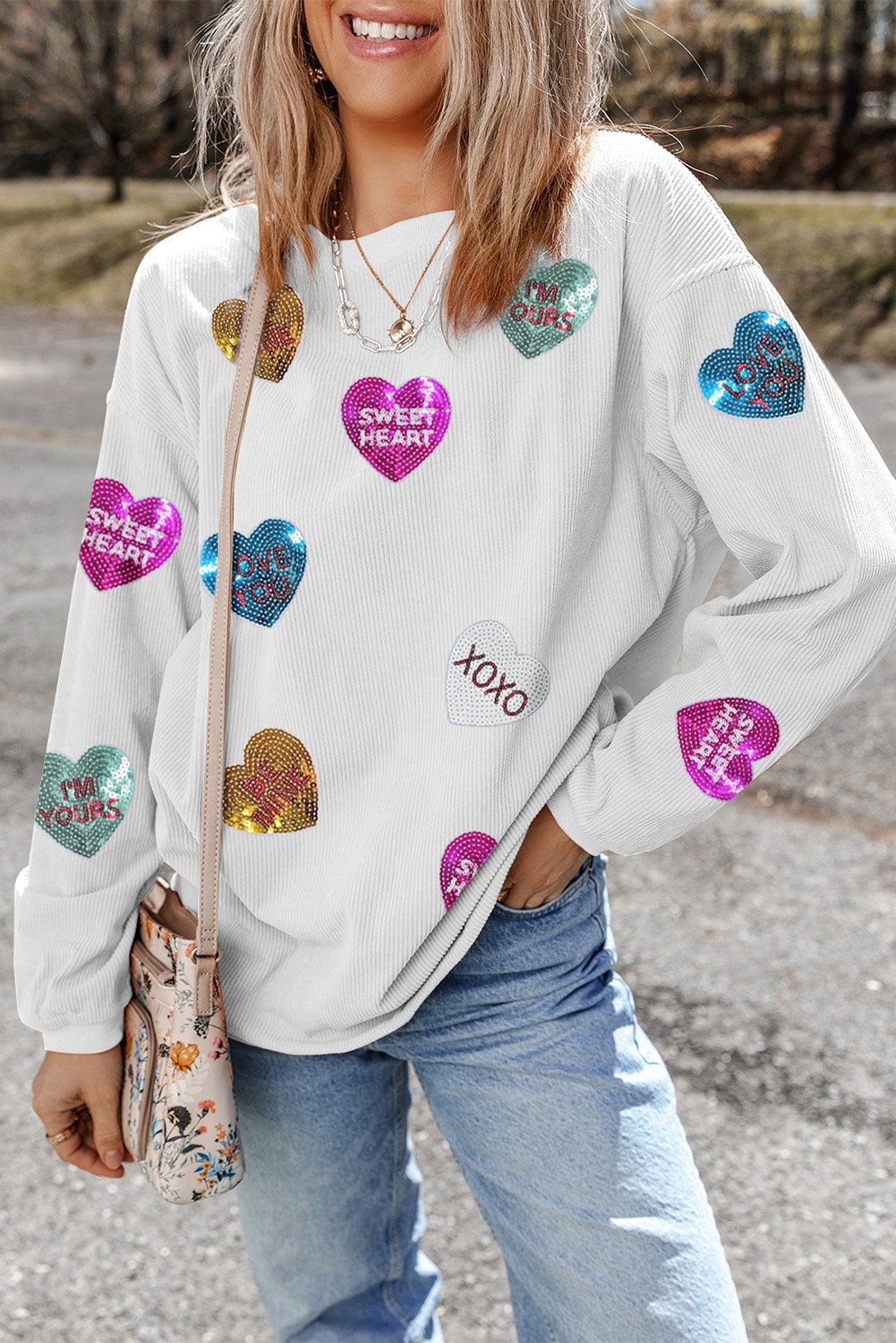 94391889-6317c1dac6ecbc7b.jpg White Valentines Slogan Heart Sequin Corded Baggy Sweatshirt - Image 6