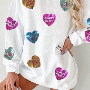 White Valentines Slogan Heart Sequin Corded Baggy Sweatshirt