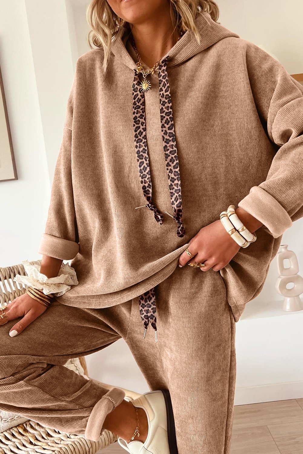 94404868-73388cdc7097eb46.jpg Dark Khaki Leopard Drawstring Pullover Hoodie and High Waist Pants Corduroy Suit - Image 3