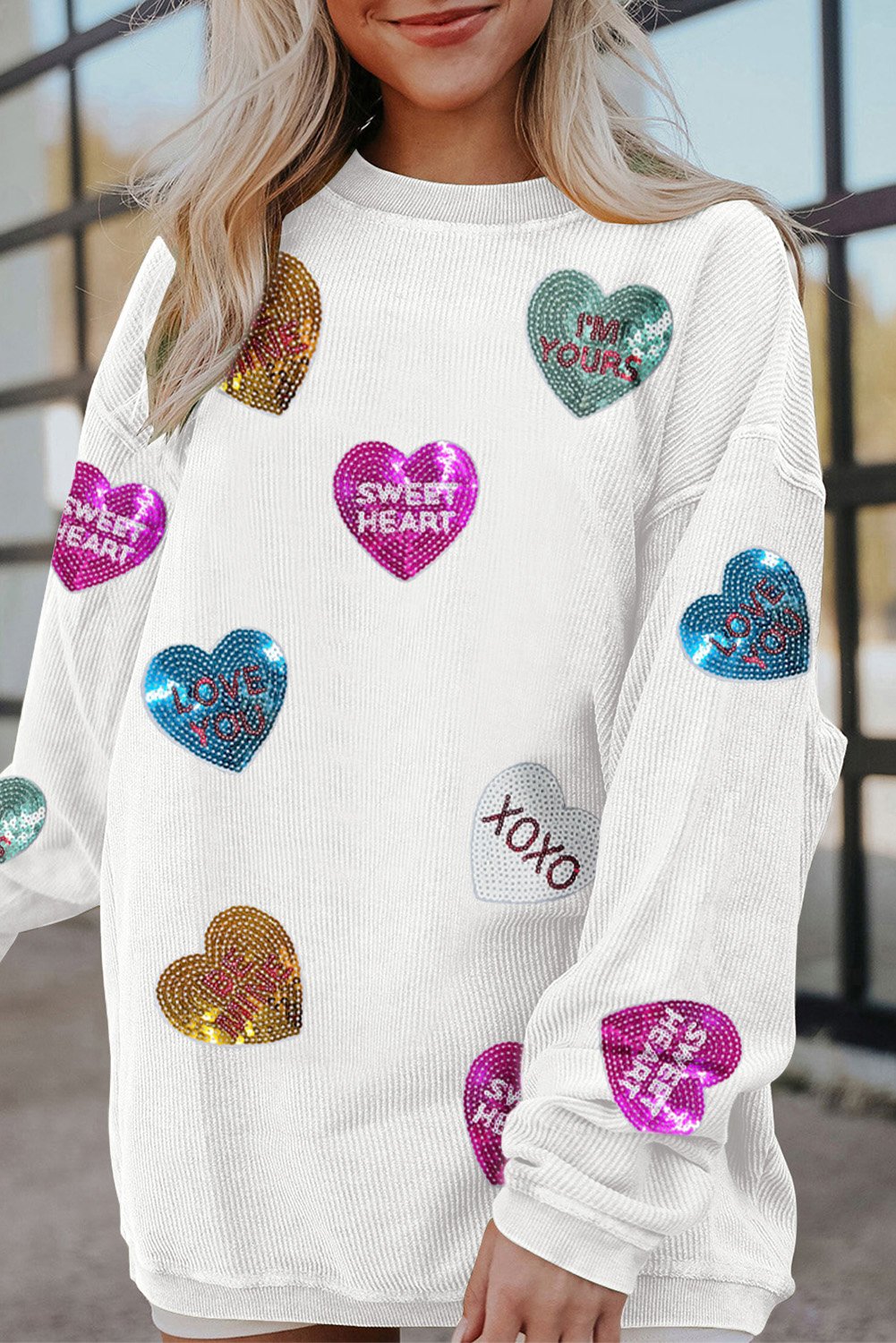 94391885-819ab9f216159d90.jpg White Valentines Slogan Heart Sequin Corded Baggy Sweatshirt - Image 2