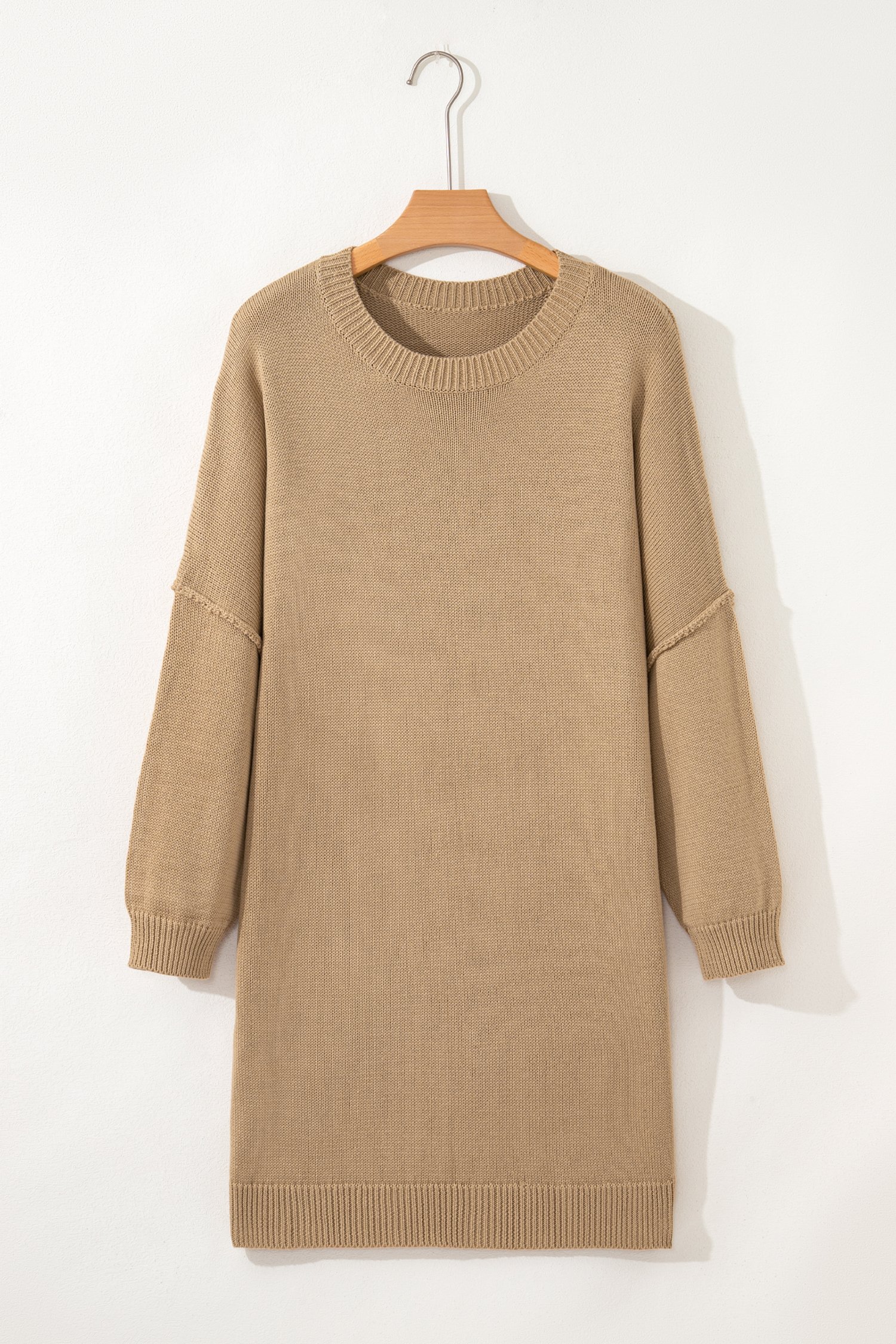 94404984-a14b00b6156a8683.jpg Pale Khaki Exposed Seam Drop Shoulder Oversize Sweater Mini Dress - Image 3