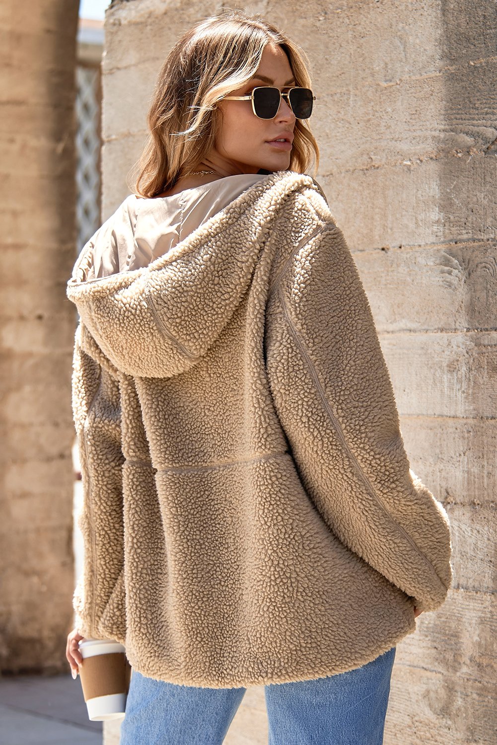 94306242-c1c367e38104bc36.jpg Pale Khaki Fleece Zip Up Drawstring Hooded Pocketed Jacket - Image 2