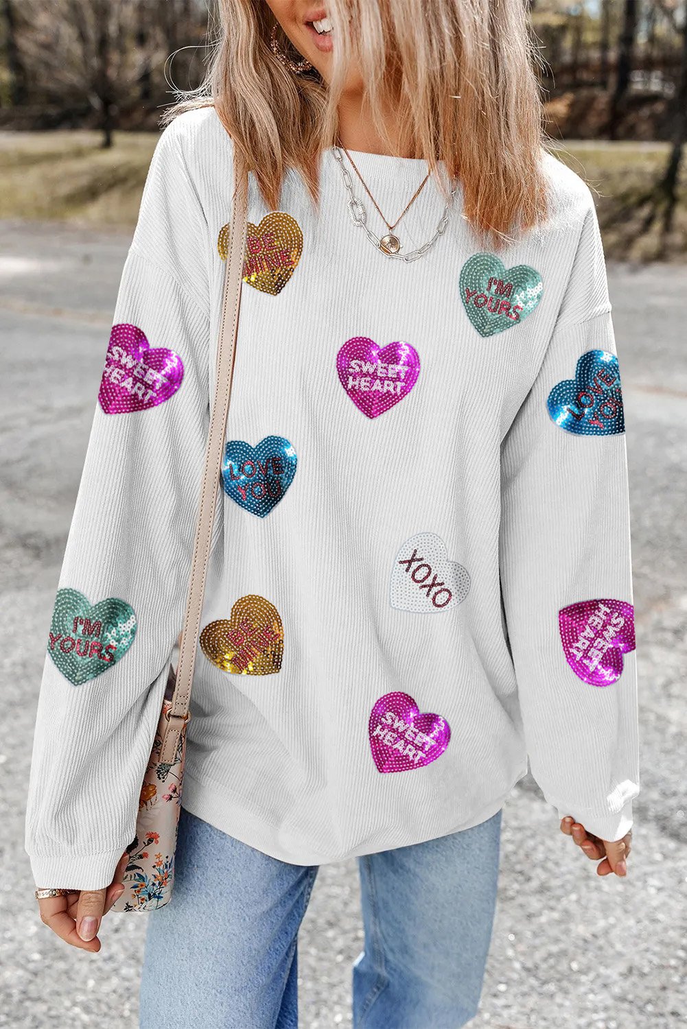 94391887-dbfdf6f7173b712e.jpg White Valentines Slogan Heart Sequin Corded Baggy Sweatshirt - Image 4