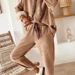 Dark Khaki Leopard Drawstring Pullover Hoodie and High Waist Pants Corduroy Suit
