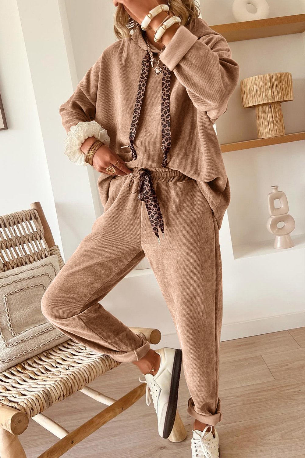 94404866-e2cf27ae2c6c0f31.jpg Dark Khaki Leopard Drawstring Pullover Hoodie and High Waist Pants Corduroy Suit
