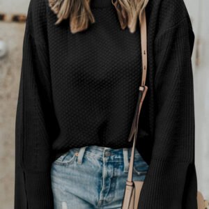 Black Solid Textured Knit Split Cuff Drop Shoulder Loose Sweater