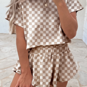 Brown Checkerboard T Shirt and High Waist Skorts 2 Piece Outfit