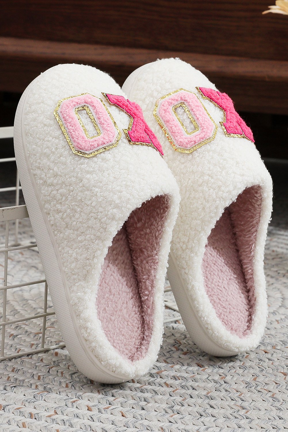 94859495-209203e759ad3e1d.jpg Pink XO XO Glitter Trim Letter Patched Plush House Slippers - Image 5