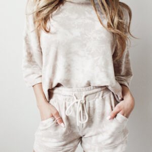 beige vintage tie dye bracelet sleeve drawstring elastic waist 2pcs short set