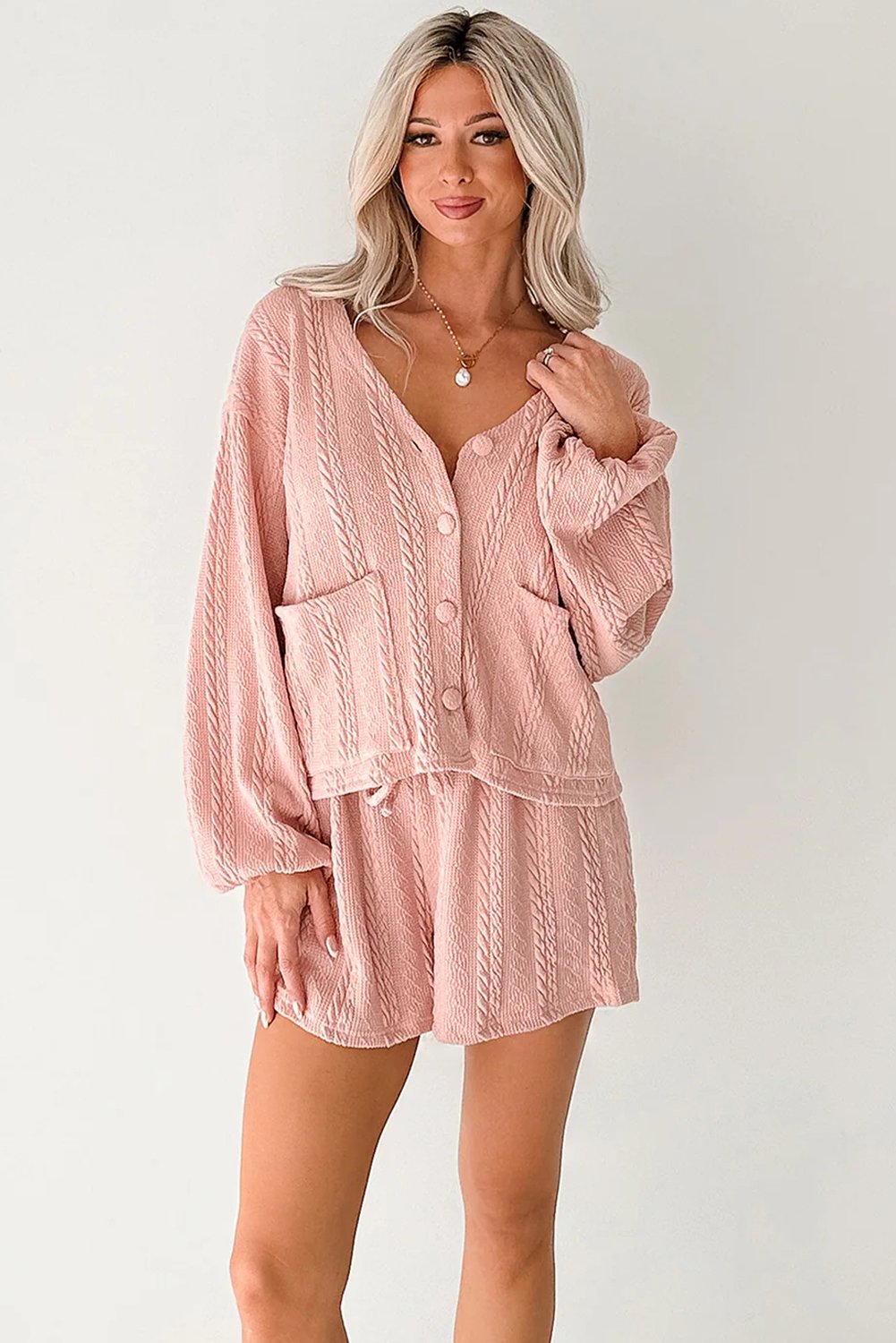 96380069-35ea9d936aa30708.jpg gossamer pink cable knit v neck cardigan shorts set