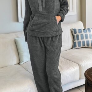 Medium Grey Fuzzy Drawstring Hoodie Lounge Pants 2pcs Set