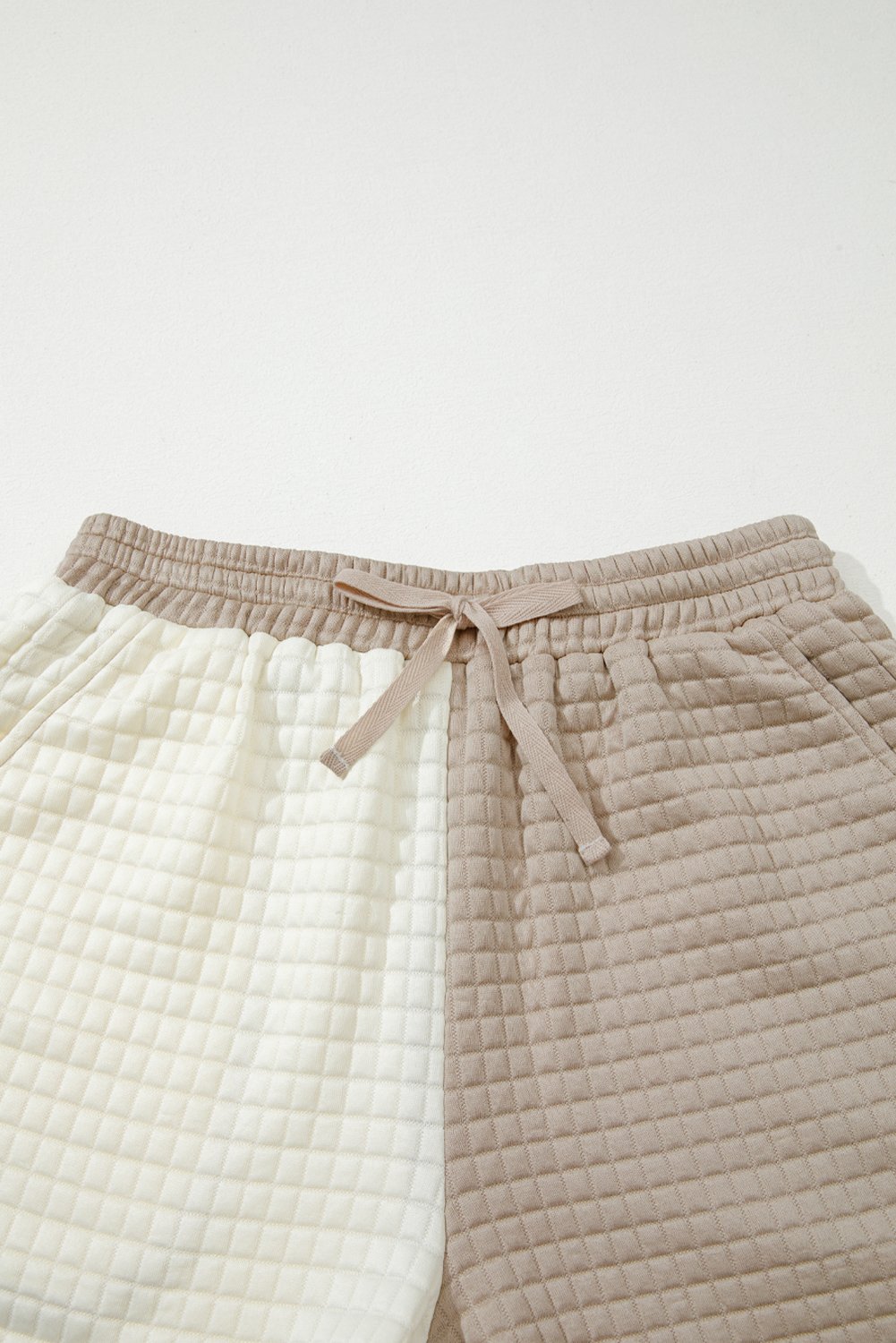 94991986-4063b4fe2c910383.jpg Khaki Color Block Patchwork Textured Long Sleeve Top 2pcs Short Set - Image 6