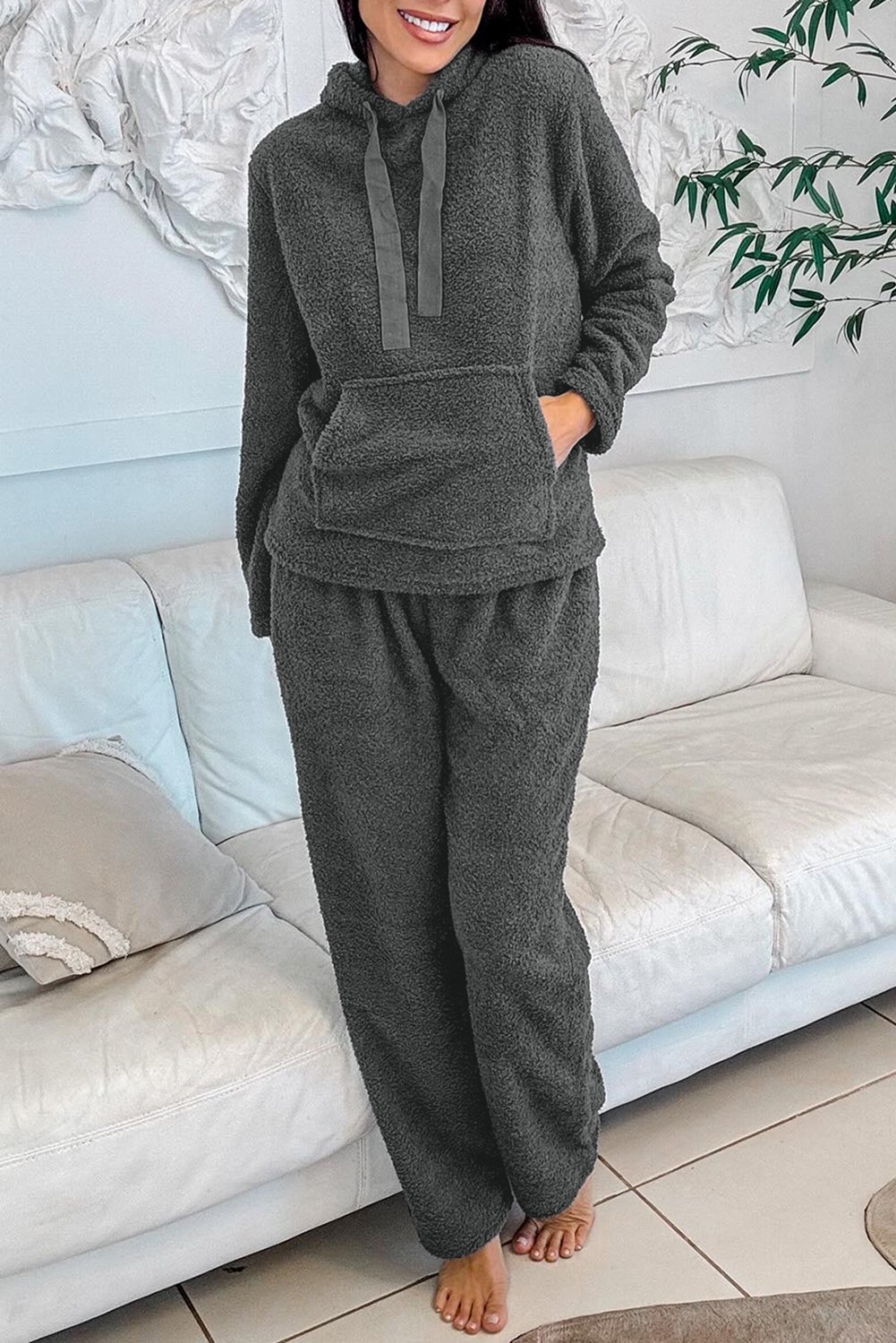 94809354-43b29eca2cfcb569.jpg Medium Grey Fuzzy Drawstring Hoodie Lounge Pants 2pcs Set - Image 6