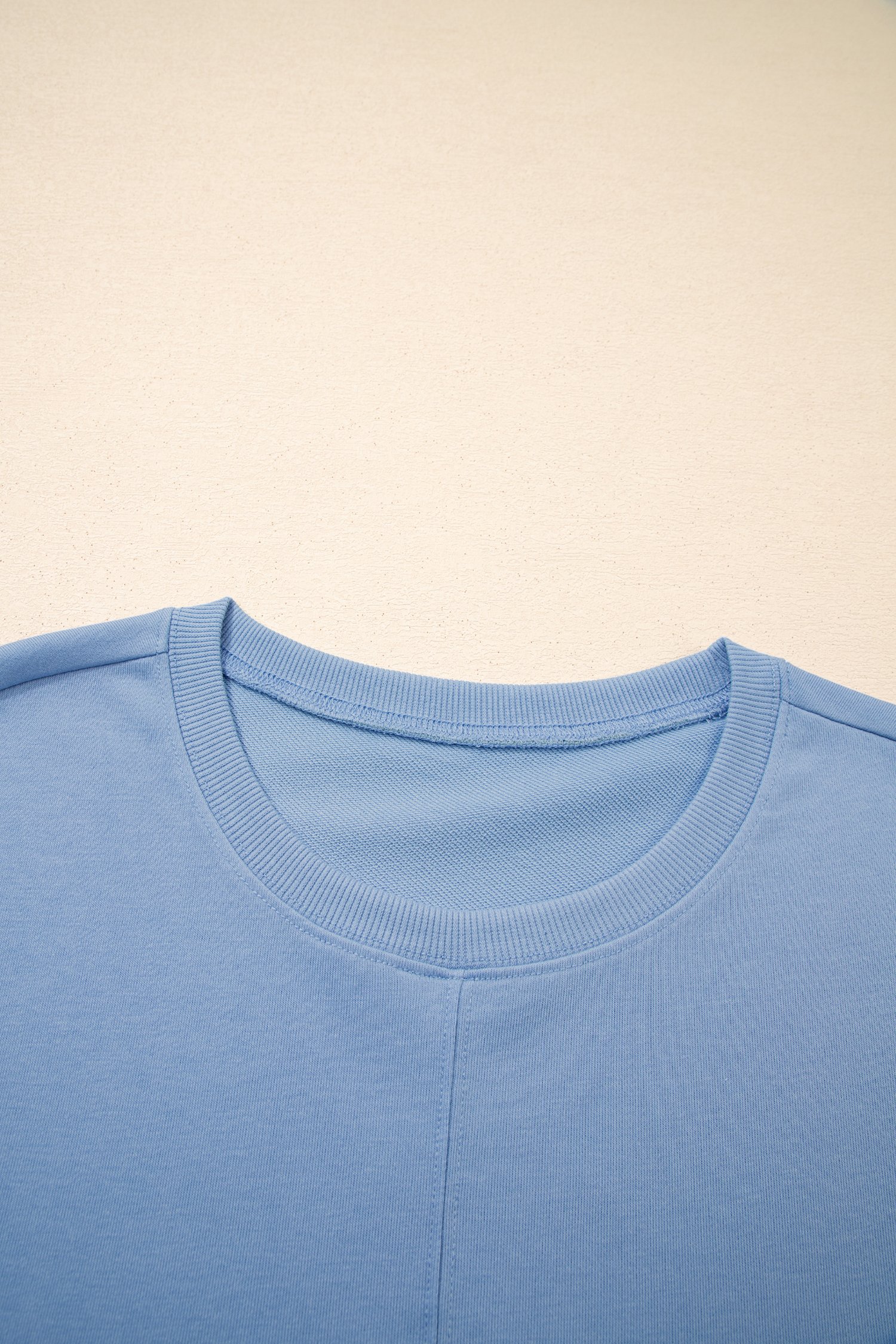 94991684-4ba49bd35722a877.jpg Sky Blue Solid Color Contrast Textured Patchwork Raw Edge 2pcs Short Set - Image 4