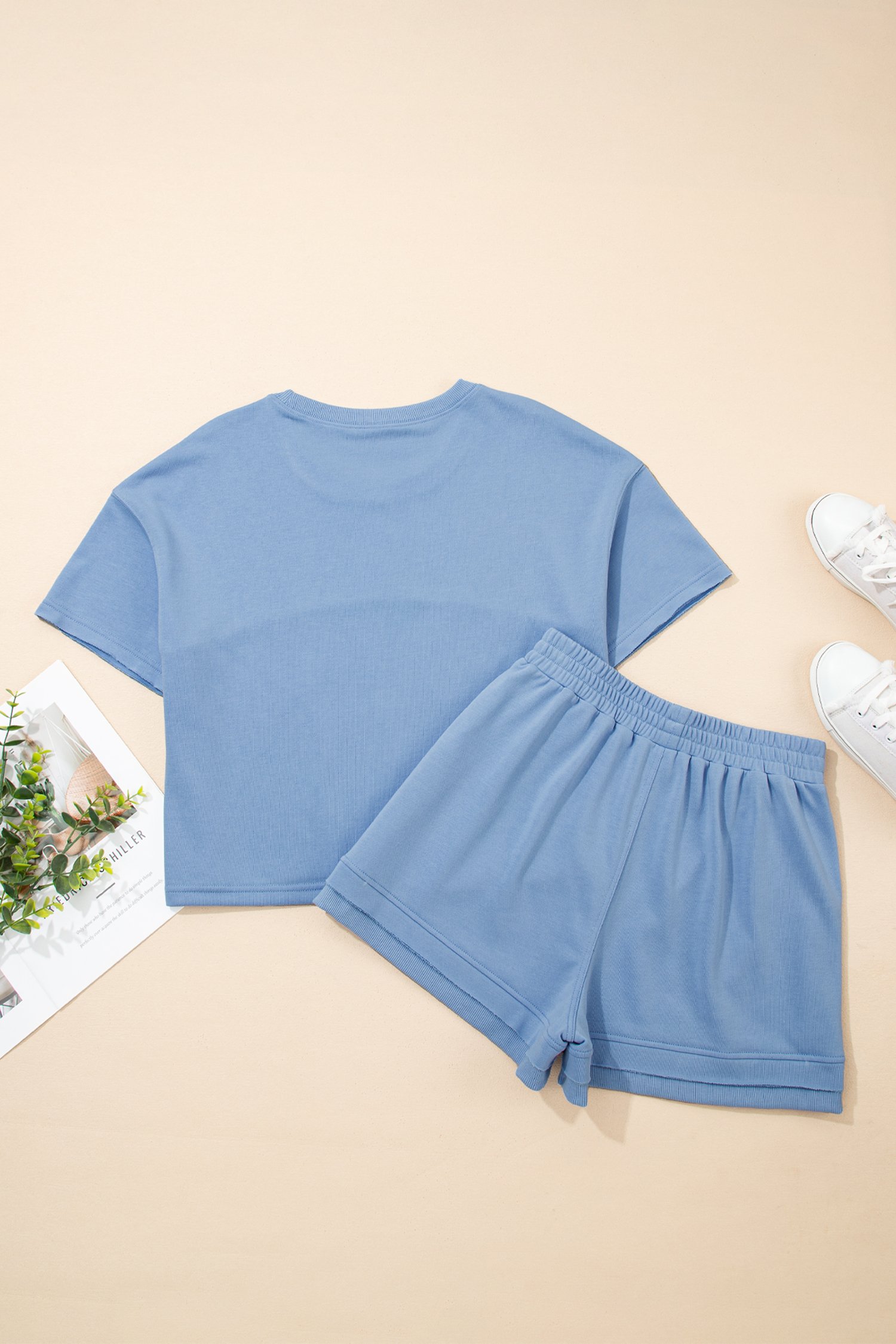 94991683-4fdf90f7671c4a24.jpg Sky Blue Solid Color Contrast Textured Patchwork Raw Edge 2pcs Short Set - Image 3