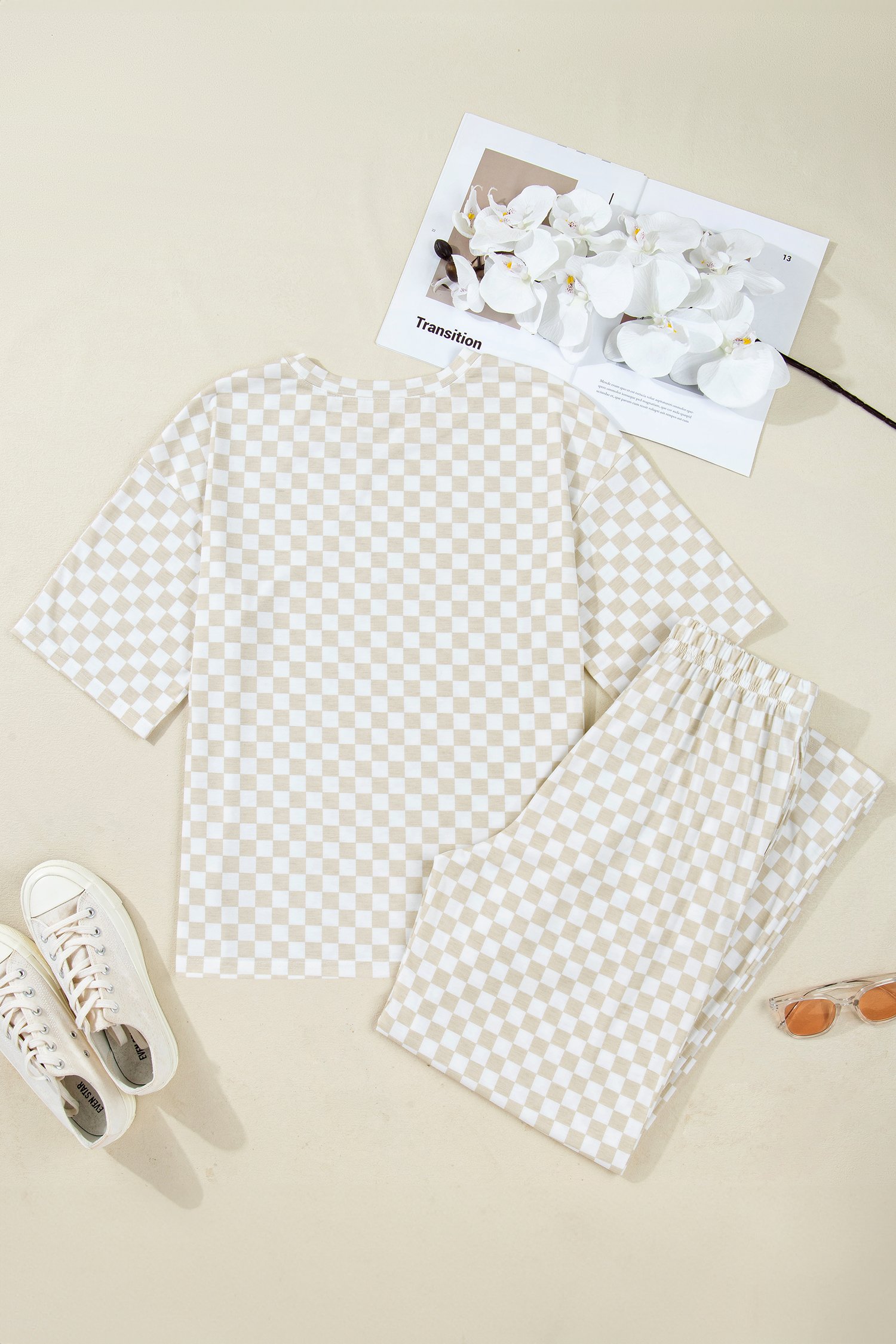 95228900-6fc3fbb835dad28a.jpg Khaki Checkered Print Half Sleeve Tee 2pcs Lounge Pant Set - Image 3