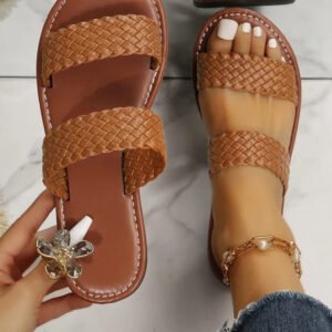 chestnut braided double band leathered flat slippers