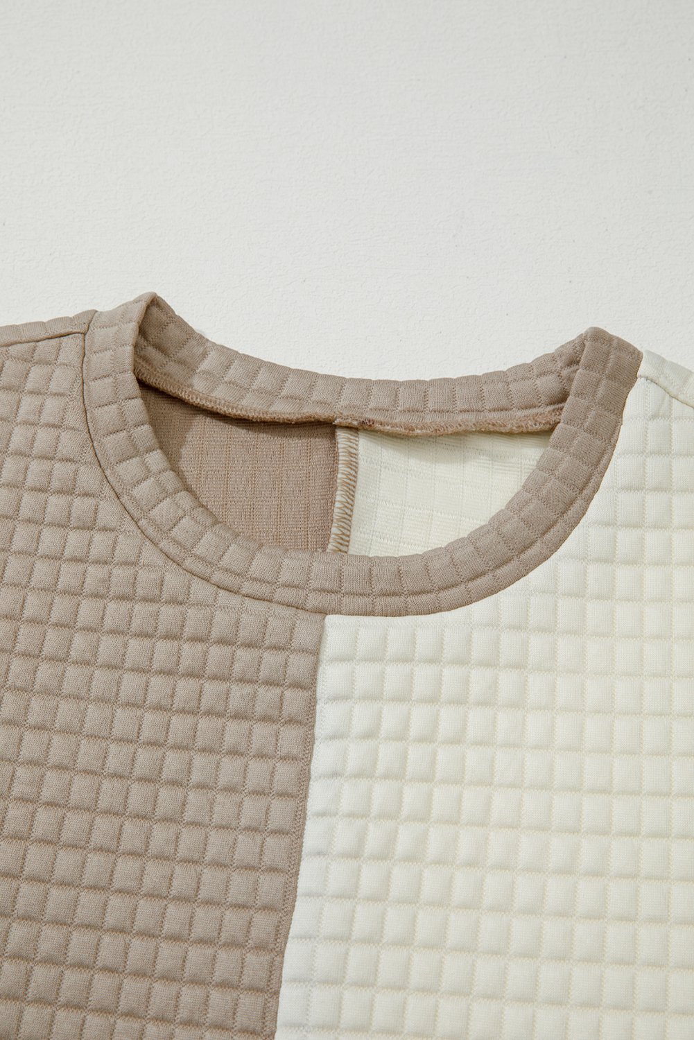 94991985-7d5c116addf1acb8.jpg Khaki Color Block Patchwork Textured Long Sleeve Top 2pcs Short Set - Image 5