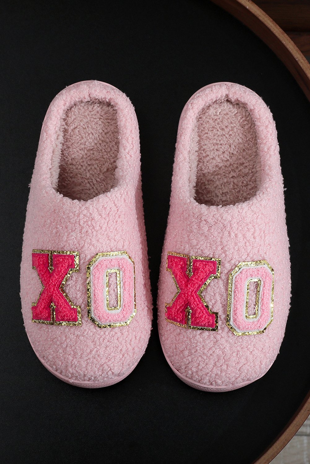 94859485-7e14d5f597651a0b.jpg Pink XO XO Glitter Trim Letter Patched Plush House Slippers
