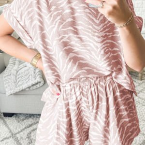 Khaki Abstract Print Cuffed Short Sleeve Loose Top Short Set