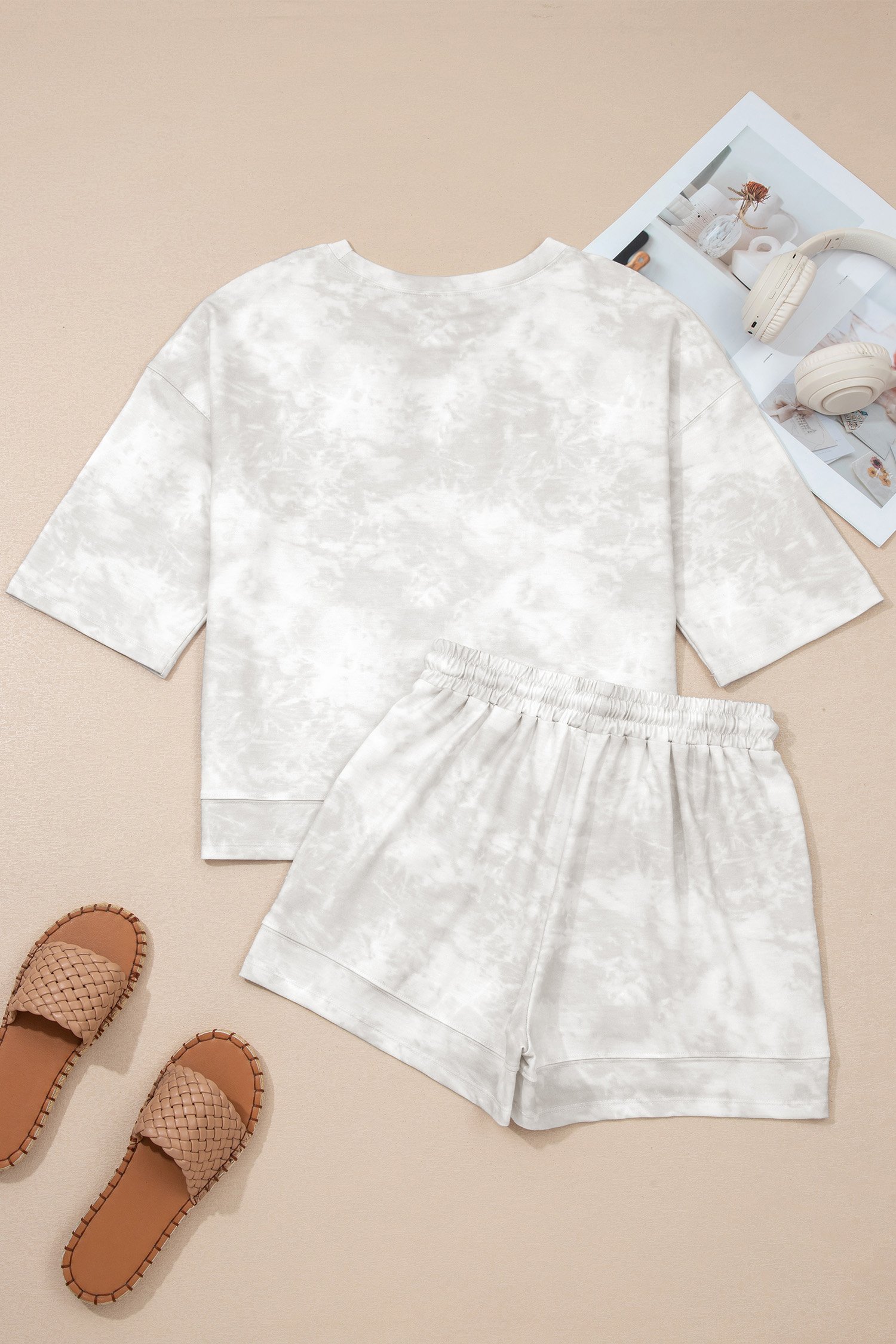 96609876-8782cadf3a52bbc7.jpg beige vintage tie dye bracelet sleeve drawstring elastic waist 2pcs short set