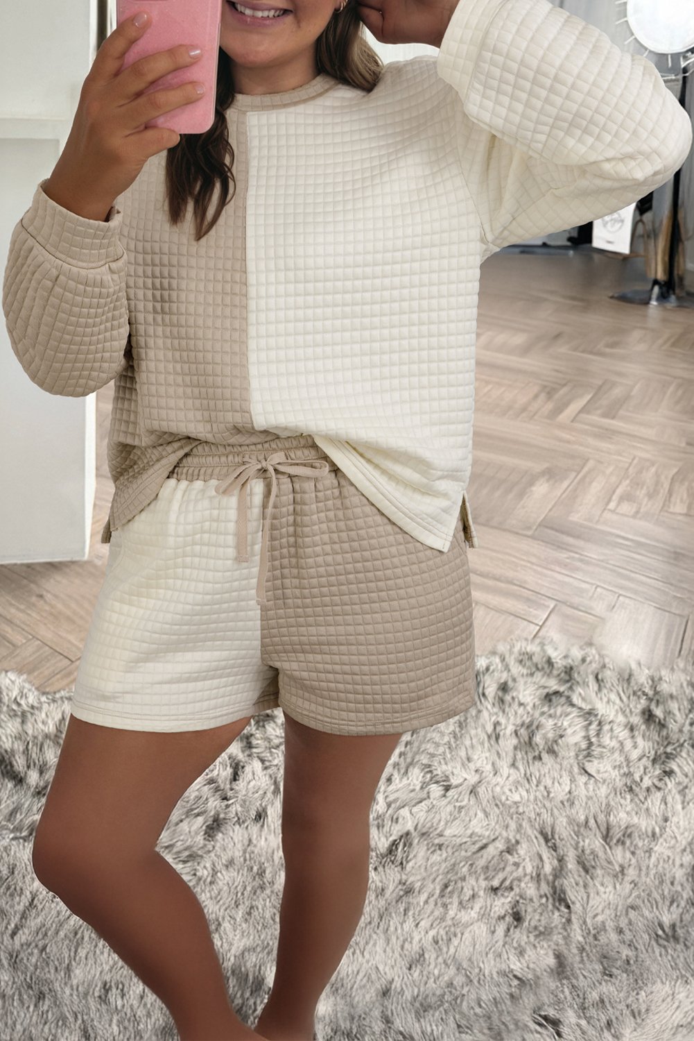 94991981-92951560ed532771.jpg Khaki Color Block Patchwork Textured Long Sleeve Top 2pcs Short Set