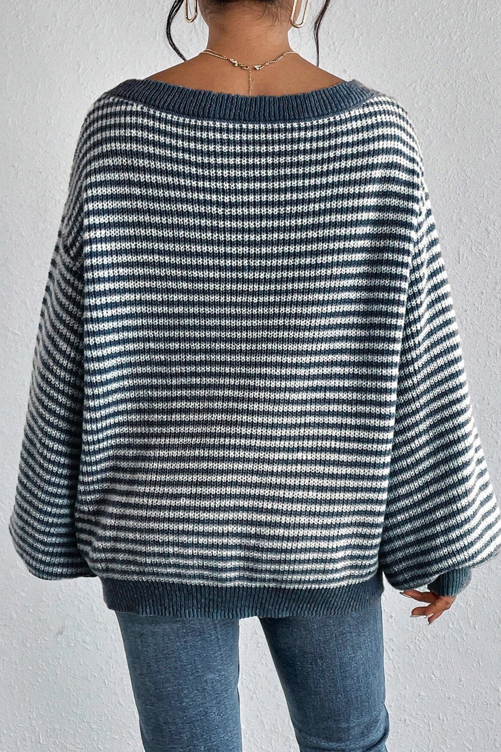 94809653-92abe25887407556.jpg Sail Blue Striped Lantern Sleeve Drop Shoulder Cozy Sweater - Image 2