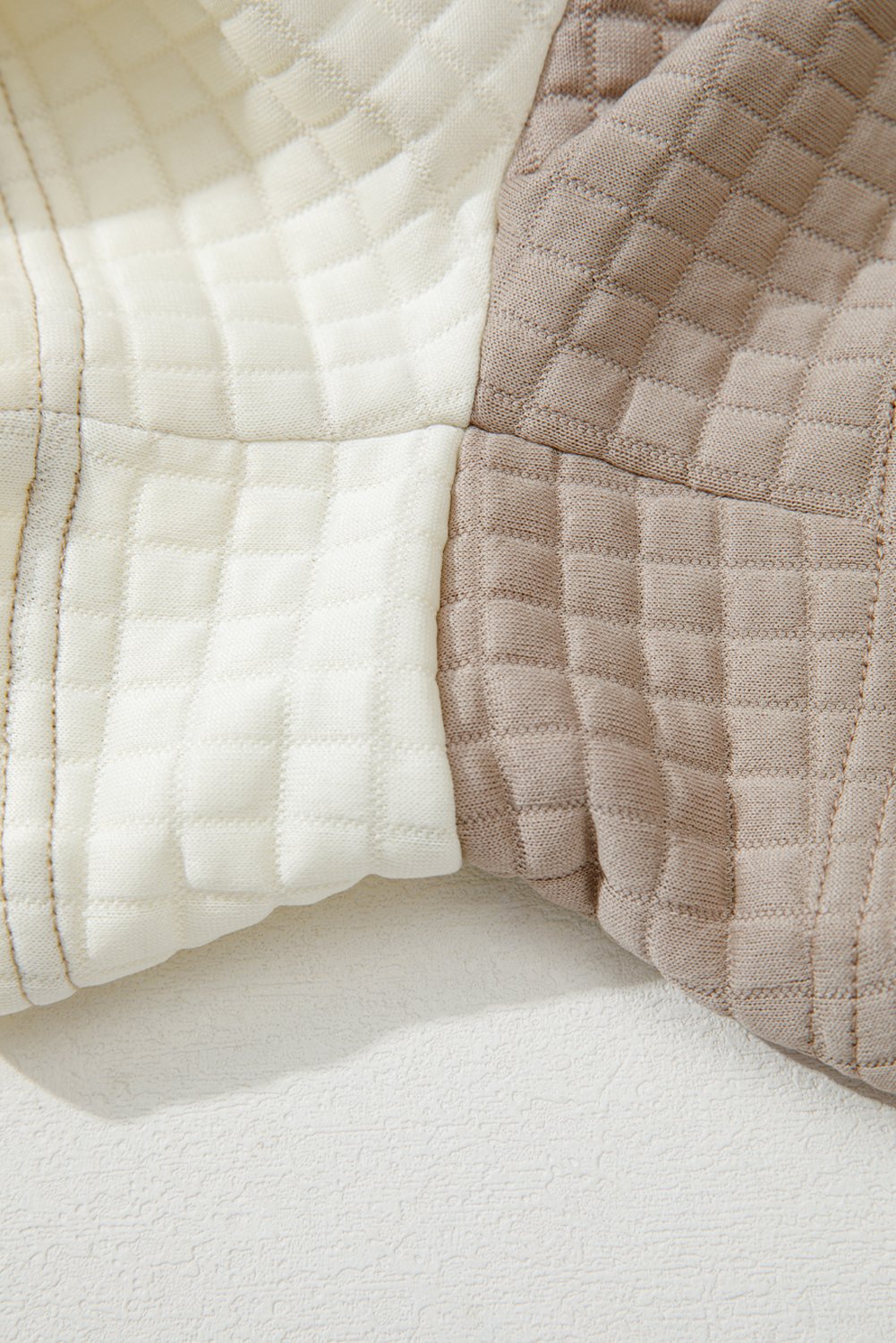 94991987-9386e1a19b808ee8.jpg Khaki Color Block Patchwork Textured Long Sleeve Top 2pcs Short Set - Image 7