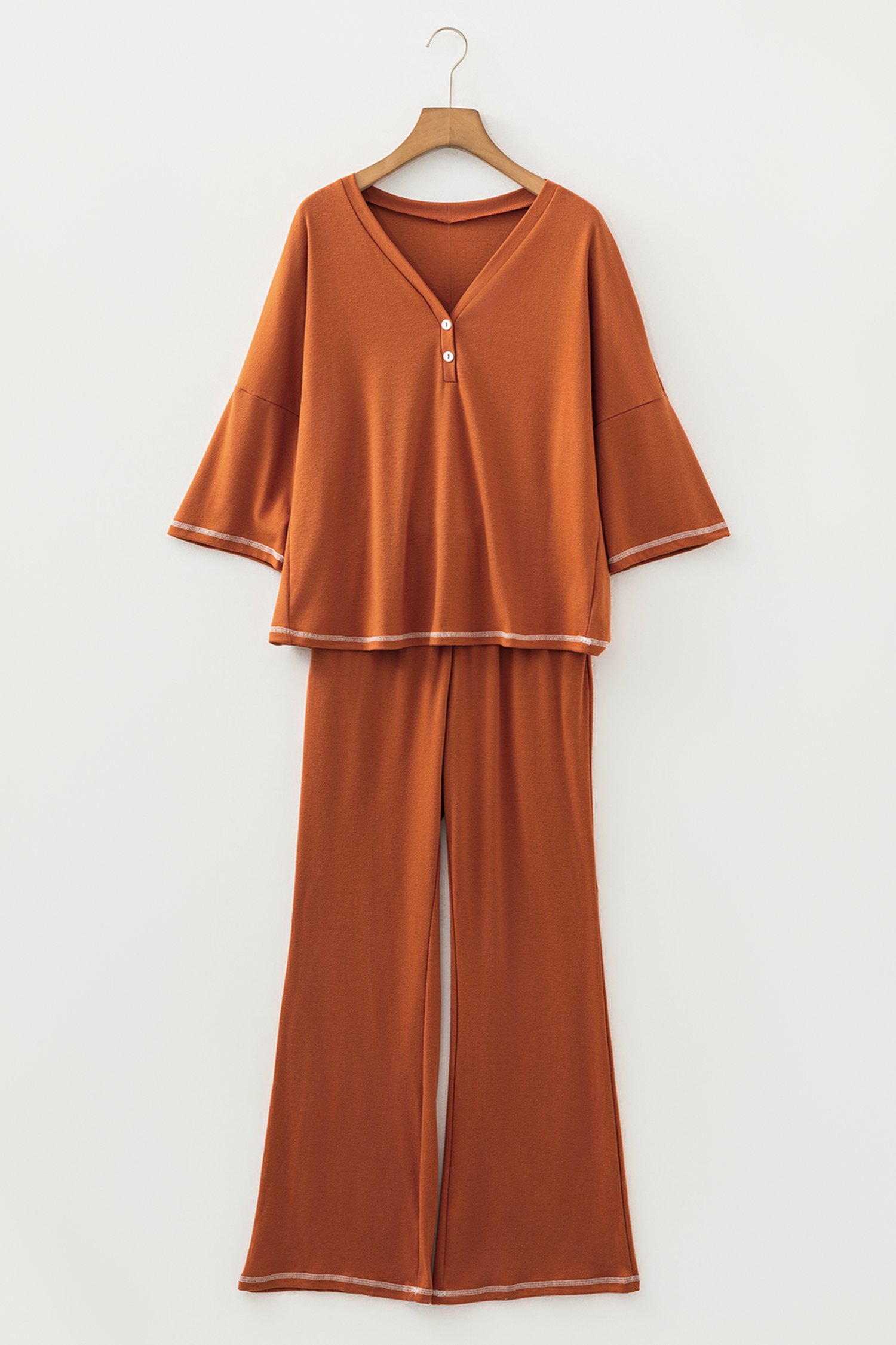 96861936-9389ccd470cd0996.jpg grapefruit orange contrast stitching buttoned v neck half sleeve top and drawstring flare pants set