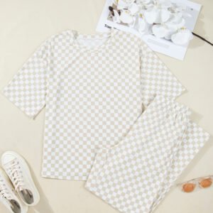 Khaki Checkered Print Half Sleeve Tee 2pcs Lounge Pant Set