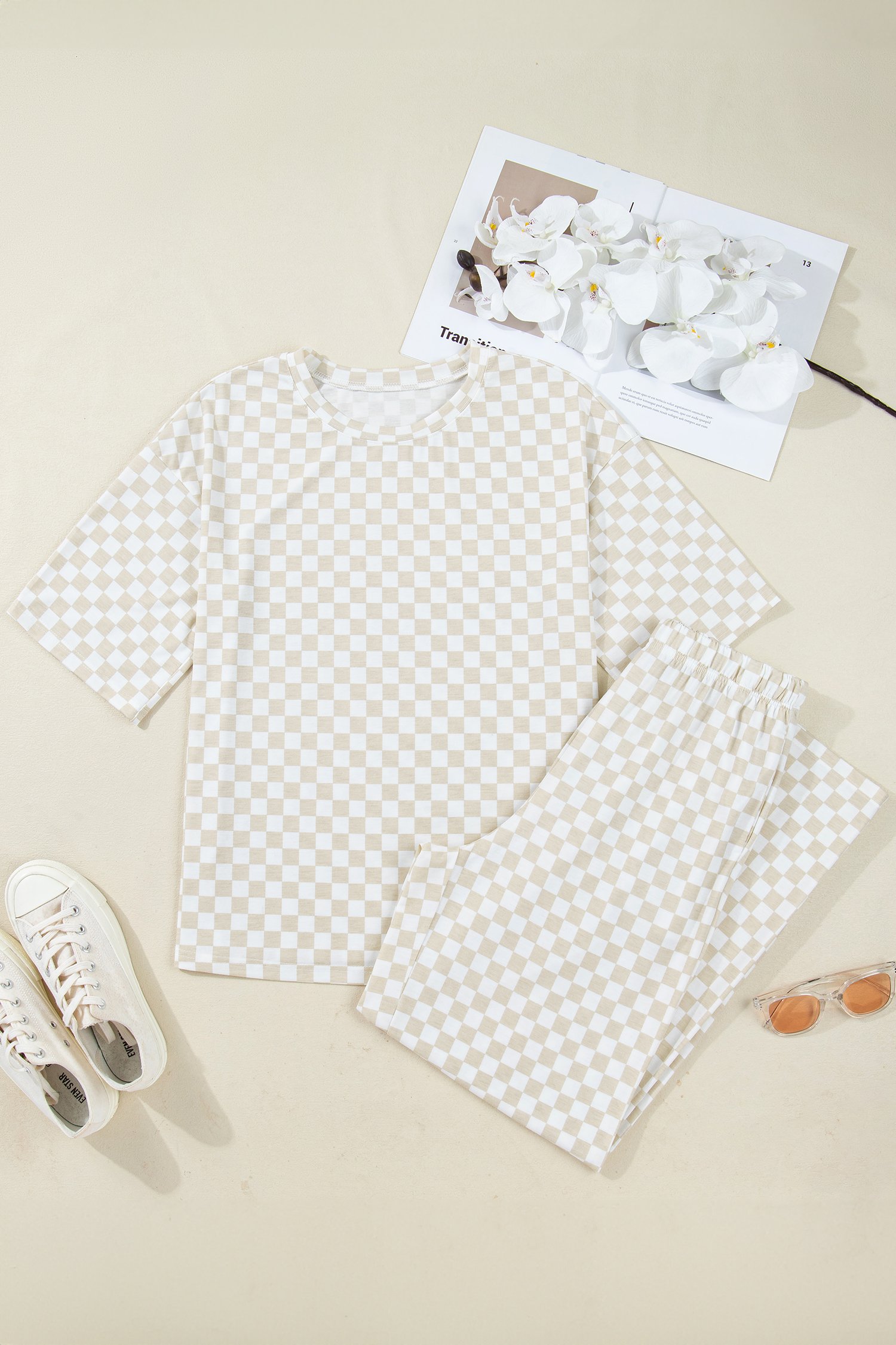 95228899-93ff3472b6ec785c.jpg Khaki Checkered Print Half Sleeve Tee 2pcs Lounge Pant Set - Image 2