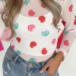 white sheer mesh valentines slogan heart printed long sleeve top