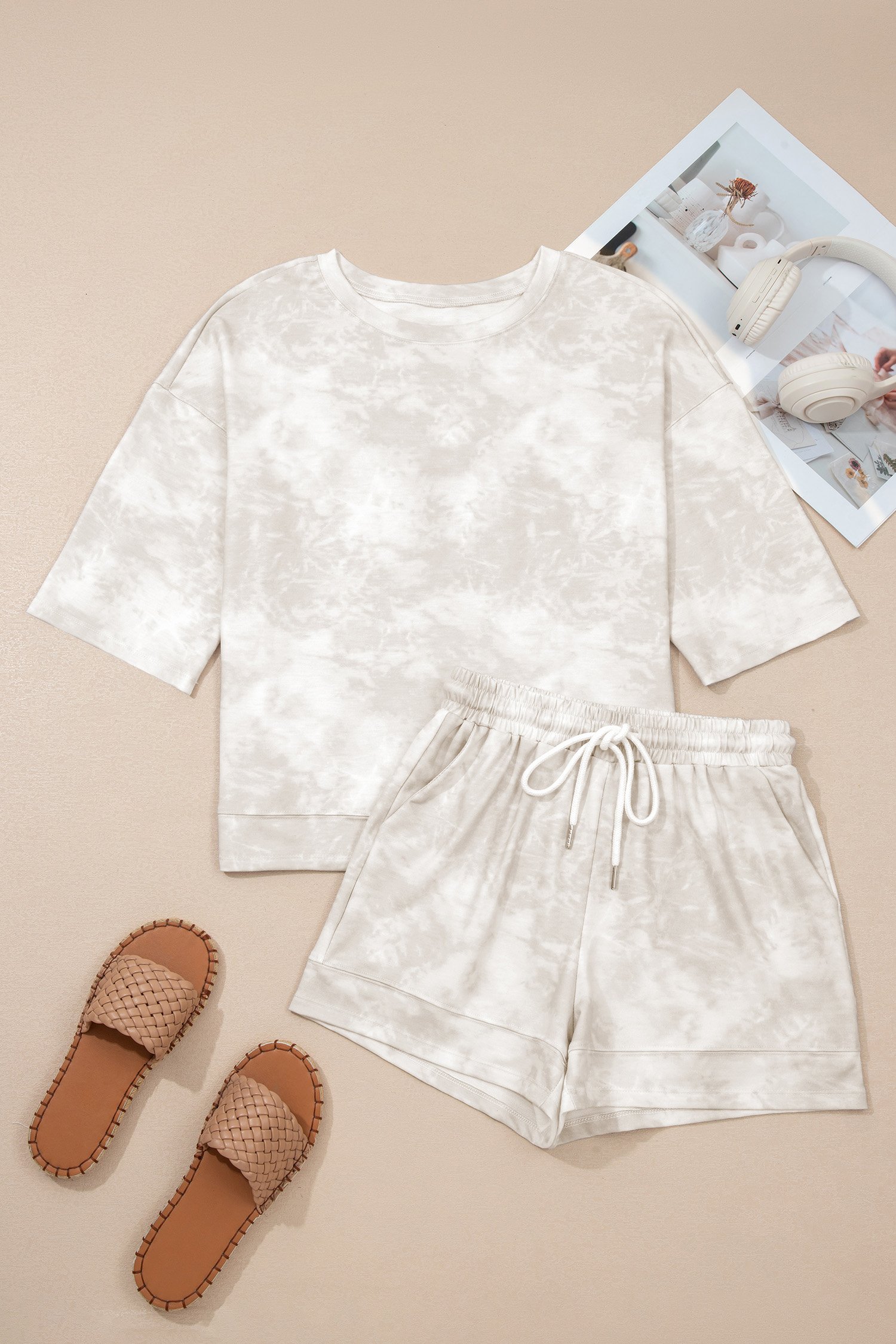 96609875-9747306375a29b5a.jpg beige vintage tie dye bracelet sleeve drawstring elastic waist 2pcs short set