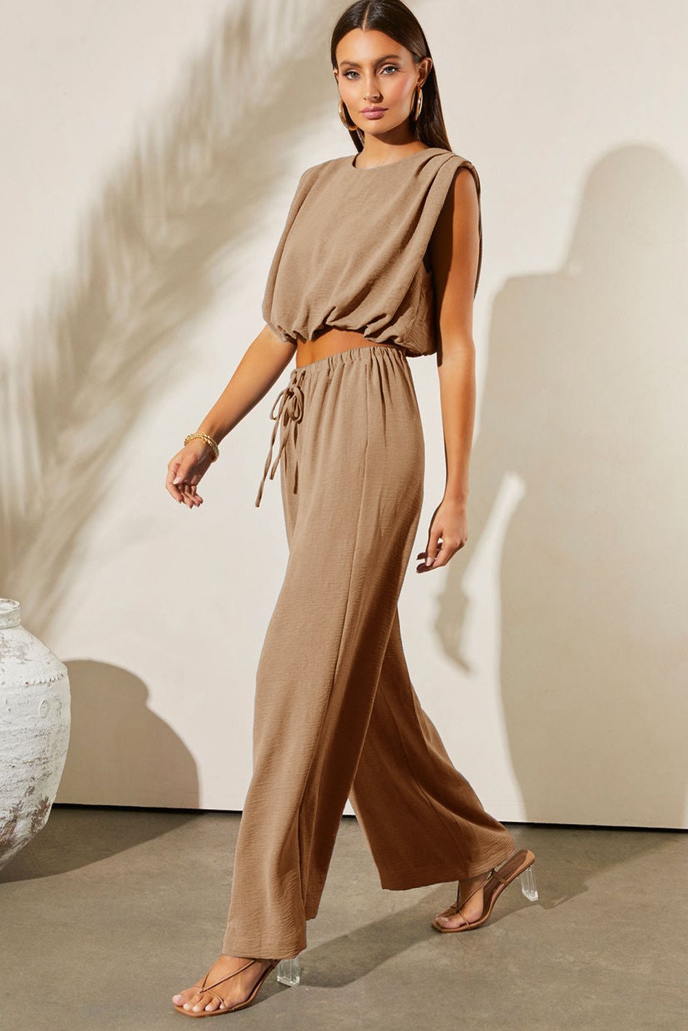 96165802-a06b7b9b655aca4f.jpg pale khaki solid color keyhole puffy tank drawstring loose pants 2pcs outfit