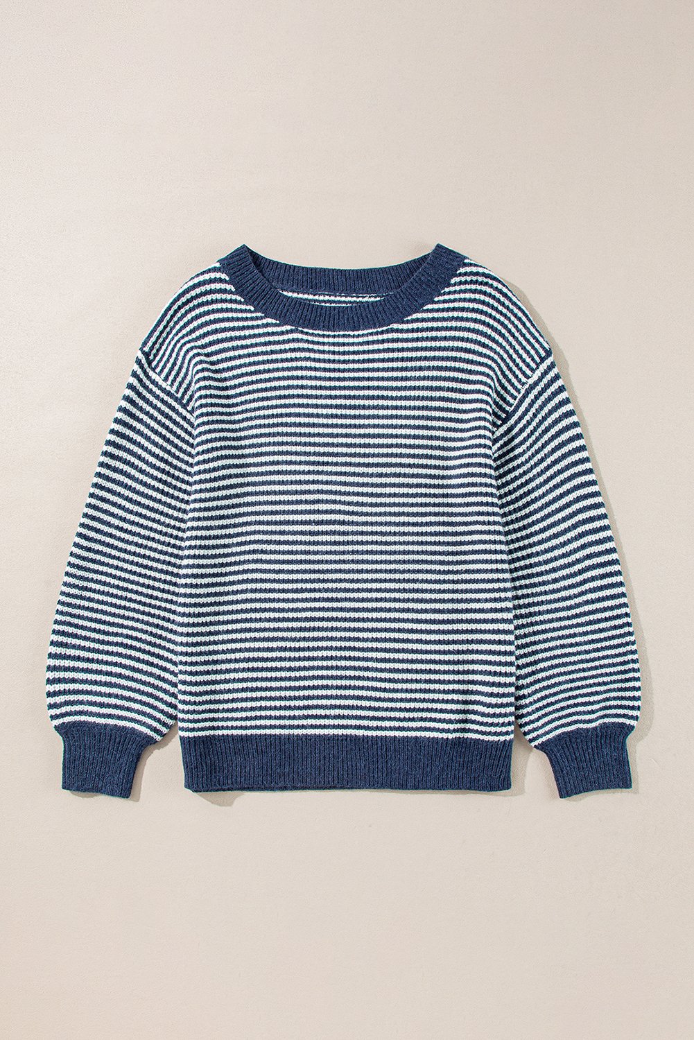 94809656-a492d1f8c1bf2867.jpg Sail Blue Striped Lantern Sleeve Drop Shoulder Cozy Sweater - Image 5