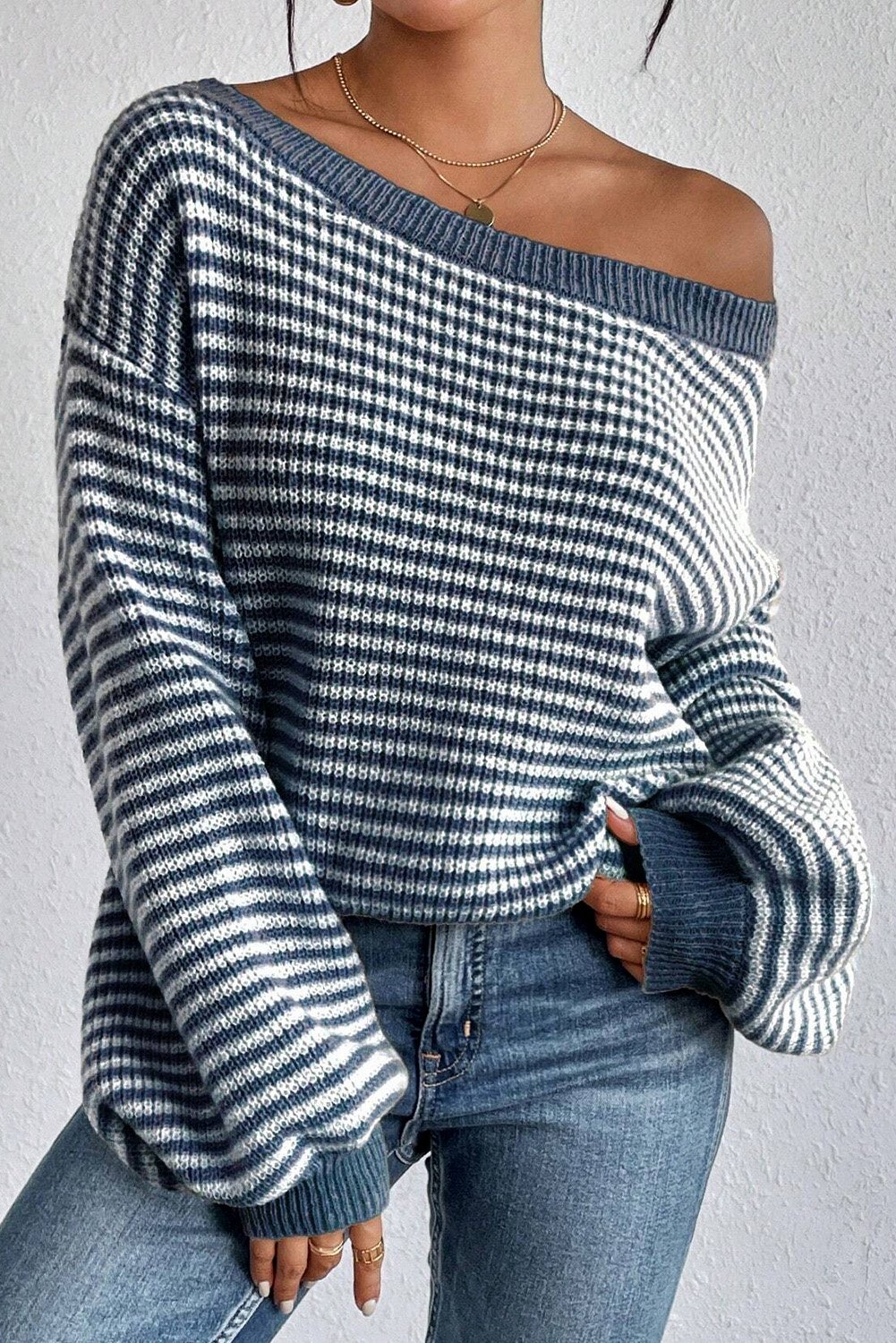 94809652-abd50dd34518e285.jpg Sail Blue Striped Lantern Sleeve Drop Shoulder Cozy Sweater