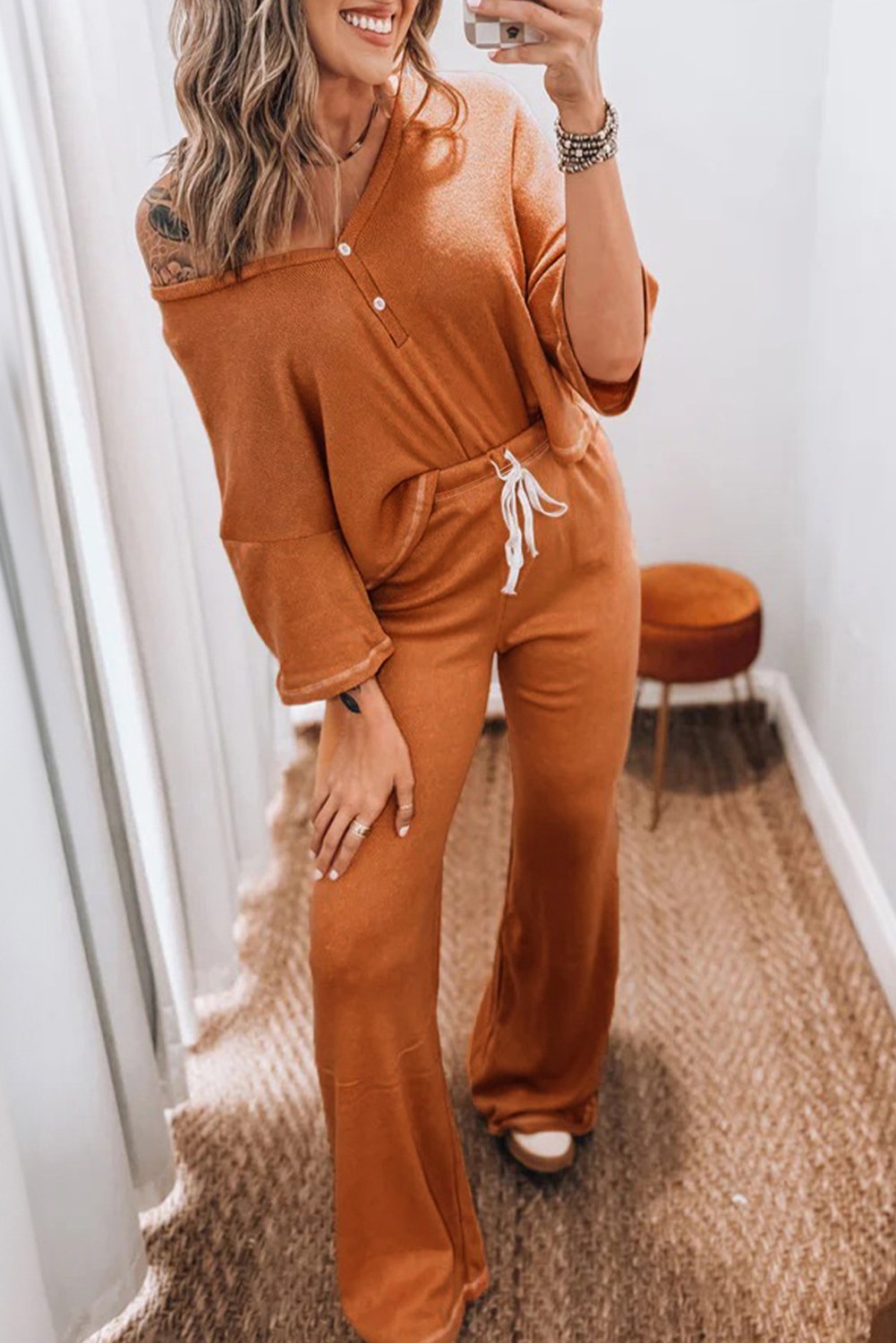 94994045-b4c9c2892d57b092.jpg Grapefruit Orange Contrast Stitching Buttoned V Neck Half Sleeve Top and Drawstring Flare Pants Set