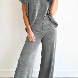 Dark Grey Twisted Ribbed High Neck Loose Tee Elastic High Waist Loose Pant Set