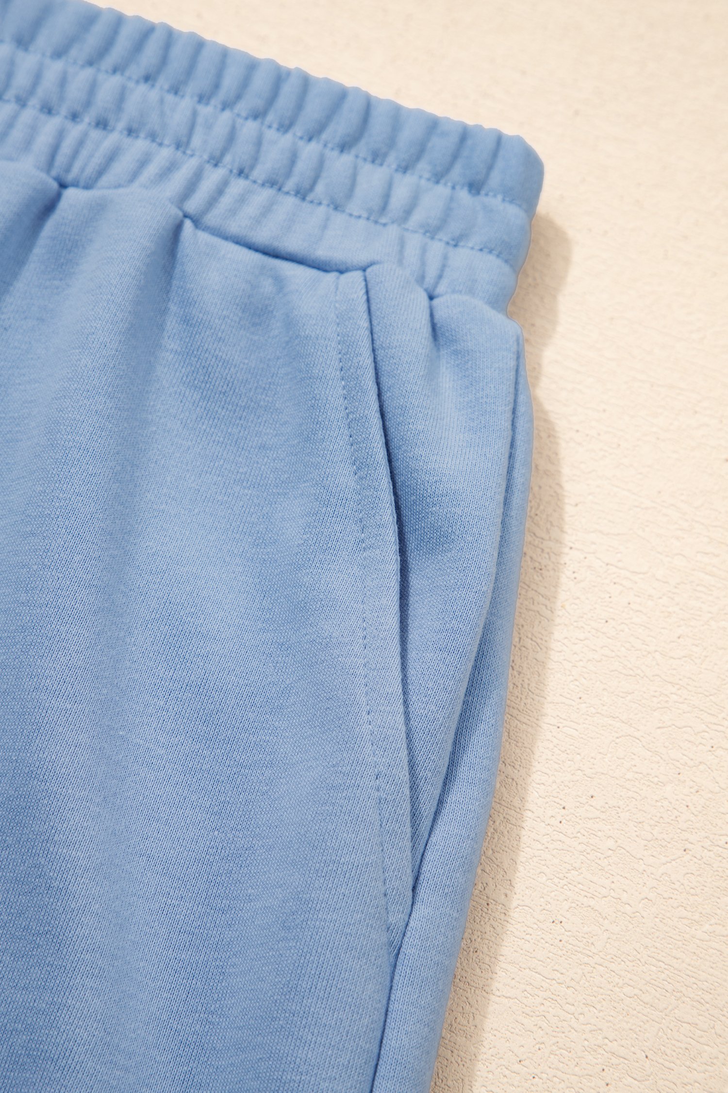 94991687-b96346f994e14ee5.jpg Sky Blue Solid Color Contrast Textured Patchwork Raw Edge 2pcs Short Set - Image 7