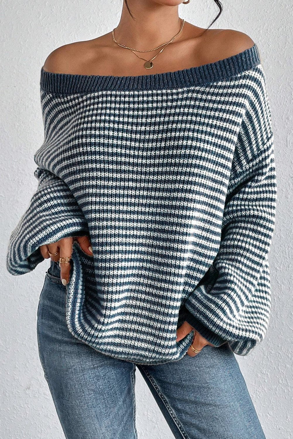94809654-badc3ff068a02cdf.jpg Sail Blue Striped Lantern Sleeve Drop Shoulder Cozy Sweater - Image 3
