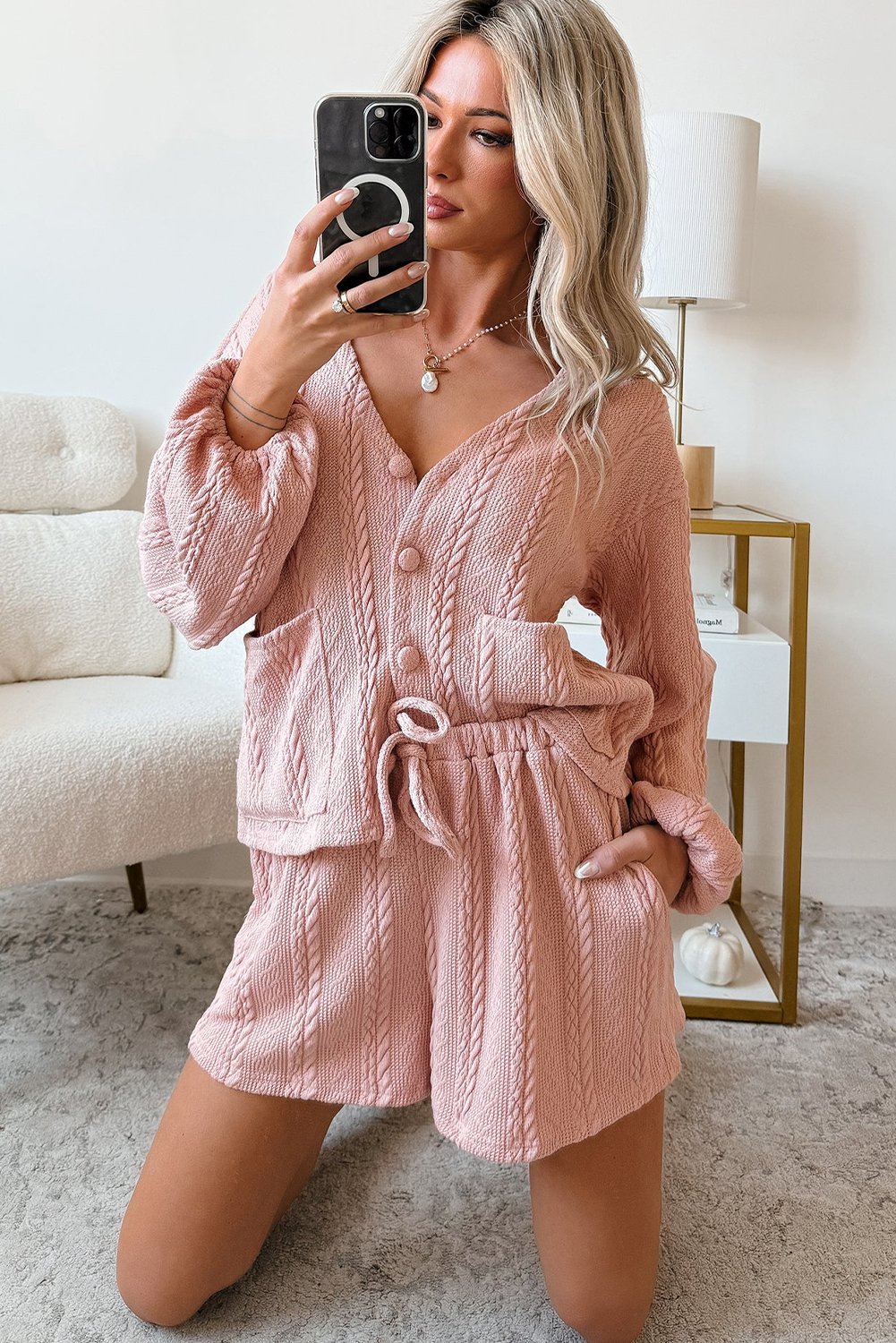 96380065-c0044aec7e3db6d4.jpg gossamer pink cable knit v neck cardigan shorts set