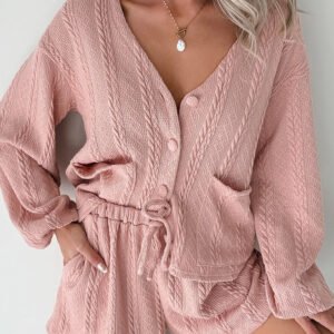 gossamer pink cable knit v neck cardigan shorts set