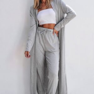 light grey split long cardigan and skinny pants lounge set