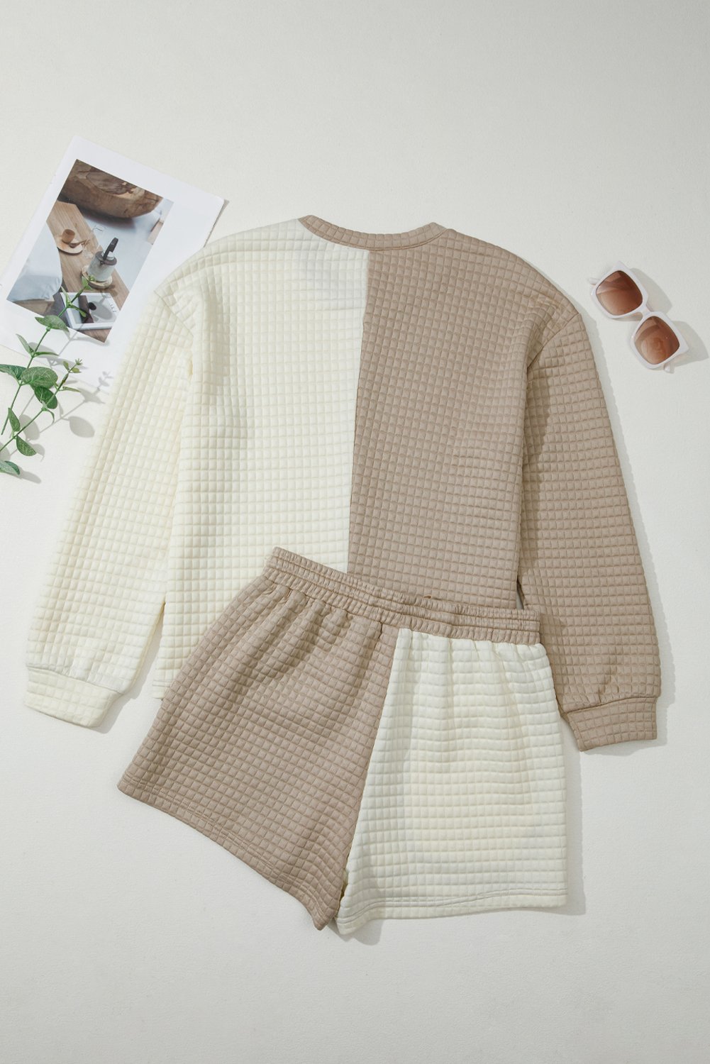 94991984-dc9d8af394e44add.jpg Khaki Color Block Patchwork Textured Long Sleeve Top 2pcs Short Set - Image 4