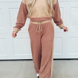 khaki color block long sleeve crop top drawstring pant set